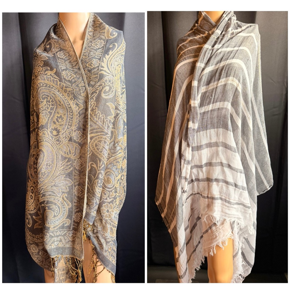 Victorias Secret Striped Scarf and Paisley Pashmina Shawl Wrap Bundle 2pc‎ Gold